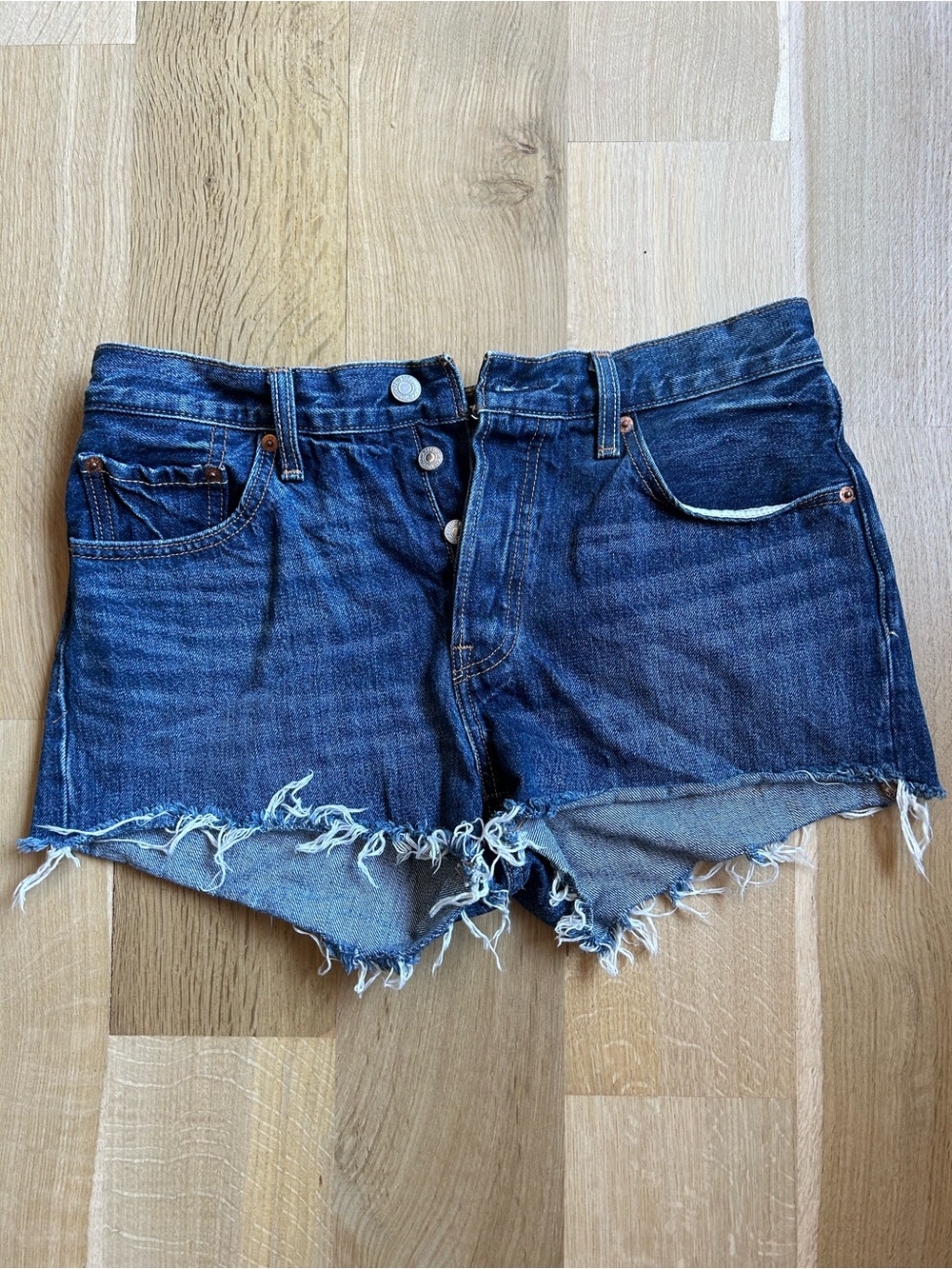 Levi's Dark Blue Frayed Denim Cutoff 501 Shorts